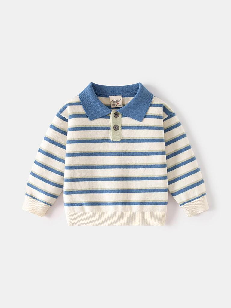 Boys' Striped Lapel Sweater for Spring & Autumn