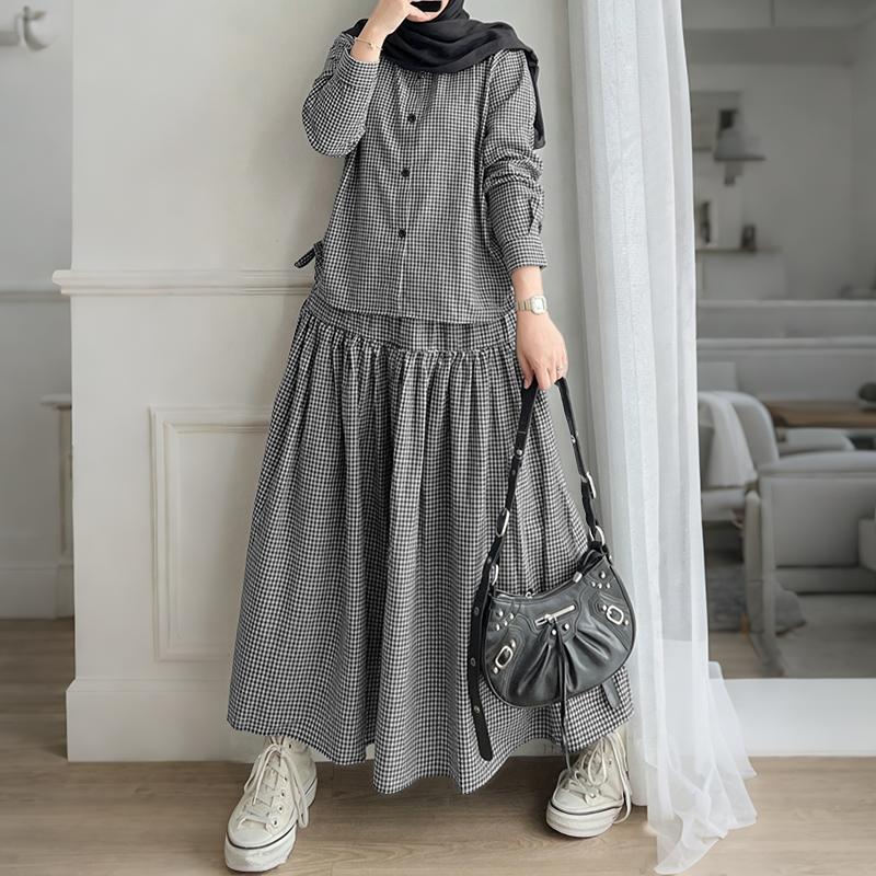

ZANZEA Women Long Sleeve Blouse and Long Skirts Plaid Print Two Piece Suit Sets S чёрный
