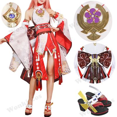 High Quality Yae Miko Cosplay Costume Wig Pink Hair Fox Tail Ears Miko Cosplay Shoes For Women Role Play Dress