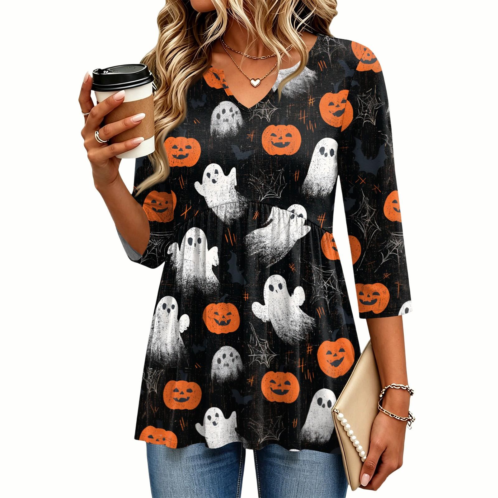 Women s Casual Halloween Print V-Neck Blouse with Three-Quarter Sleeves for Holiday Parties XXXL