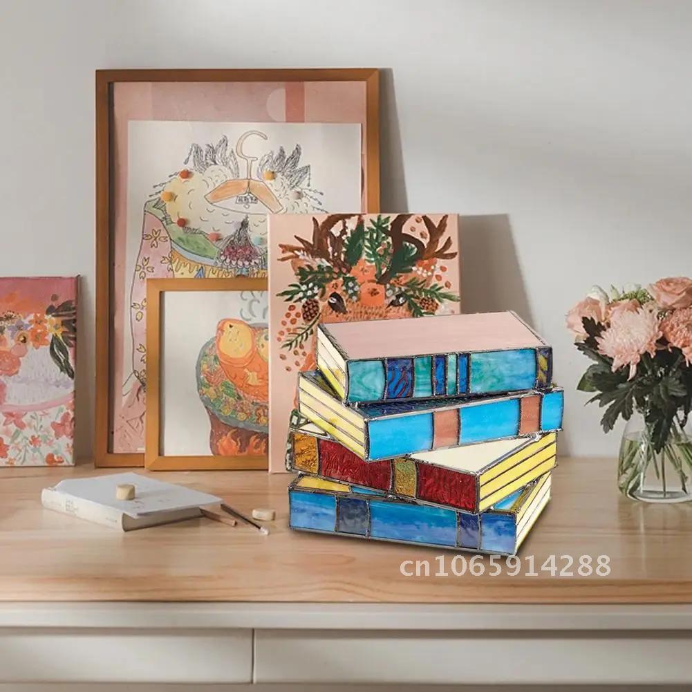 Stained Glass Stacked Book Nightstand Colorful Resin Vintage Desk Table Home Study Reading Lamp Bedroom Decoration
