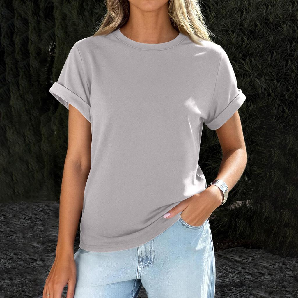 Womens  Casual Rolled Short Sleeve Basic Tees Fashion Tops