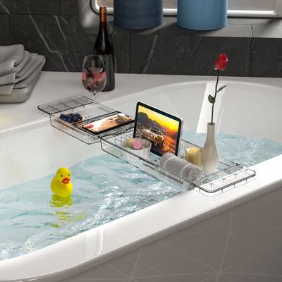 Adjustable Bathtub Caddy Tray Retractable Large Capacity Transparent Anti-slip Tub Storage Rack Bathroom Luxury Spa Phone Tablet Wine Cup