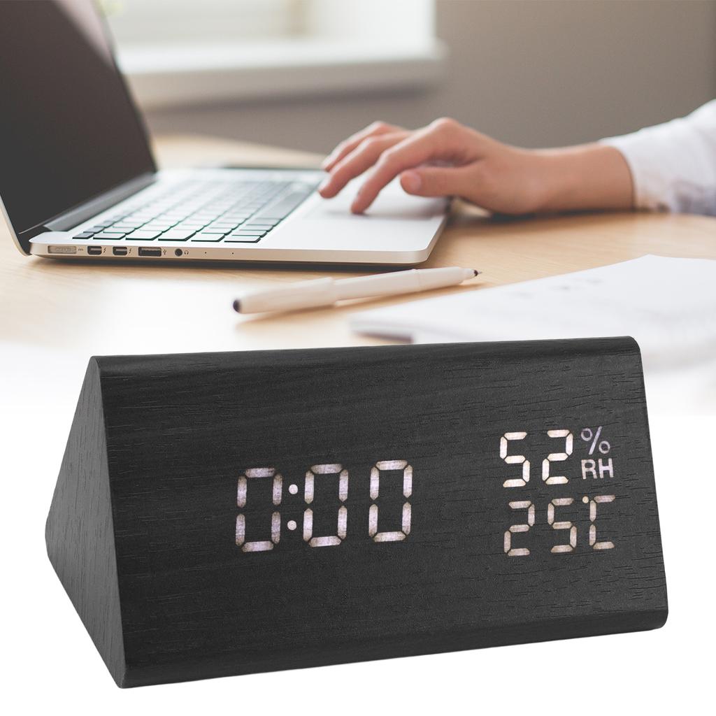 Wooden Digital Alarm Clocks LED Display Temperature Humidity Alarm Clocks for Bedside Bedroom Dormit