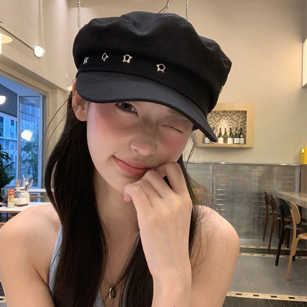 Flat Top Octagonal Cap Vintage Newsboy Hats Casual Star Hole Berets  Female