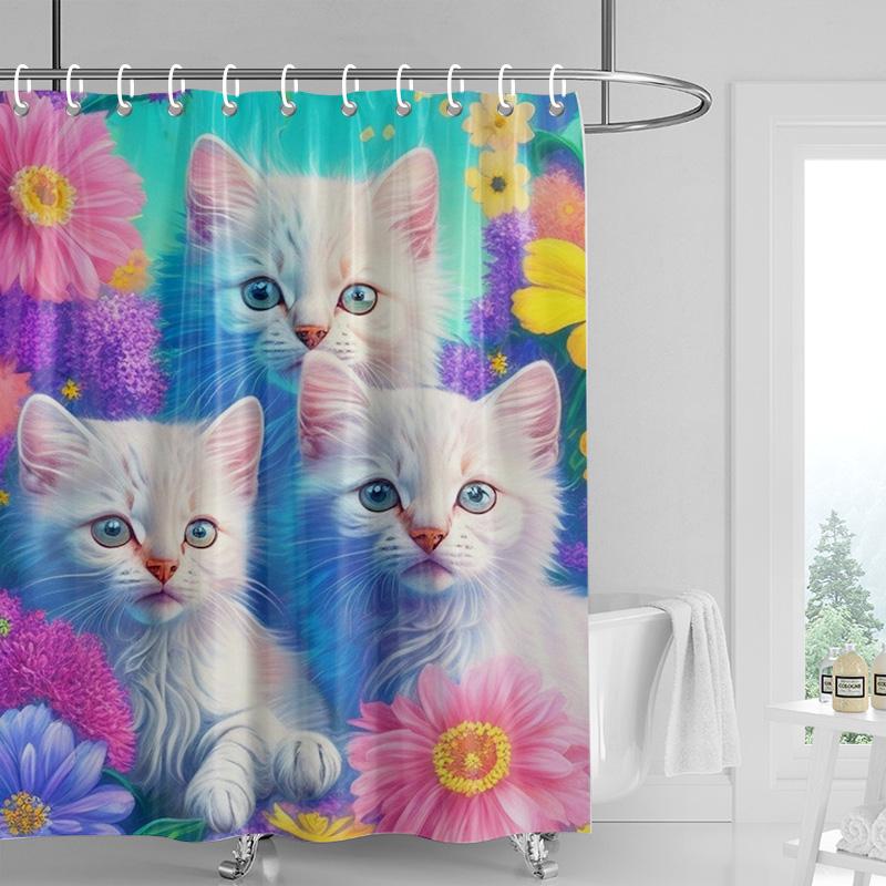 Adorable Cat & Flower Shower Curtain Washable Dirt-Resistant Shower Head Waterproof Polyester Bath Curtain For Home Decor
