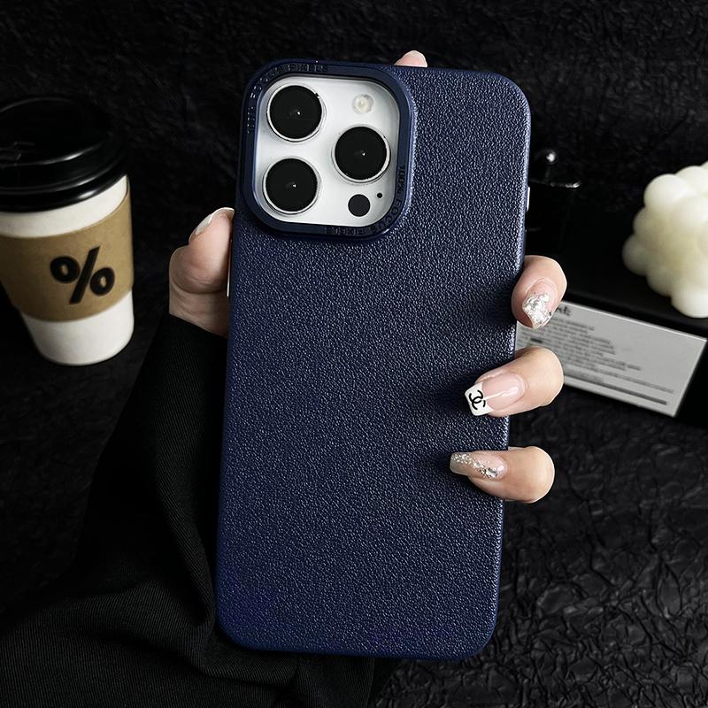Matte Titanium gray Lichee leather pattern phone case for iPhone 16 15 14 13 12 11 Pro Max metal lens frame shockproof hard case