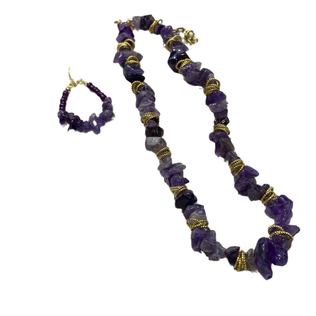 Holiday Wind Natural Irregular Purple Crystal Gravel Necklace Women'S Purple Beaded Ear Hook Set Jewelry Batch