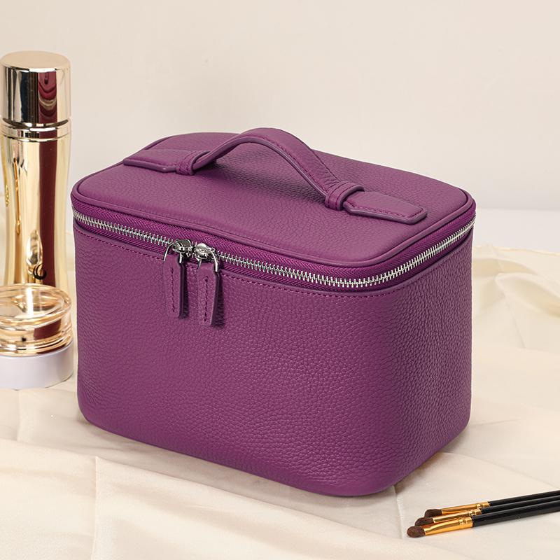 Lychee Leather Handheld Cosmetic Box with Detachable Mirror Double Zipper Travel Makeup Bag for Women