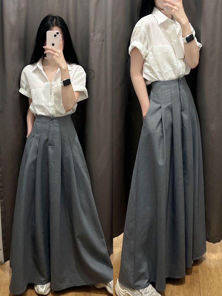 Women's Chic Hong Kong Salt-Style Two-Piece Set: Short-Sleeve Shirt & Midi Skirt for Spring/Summer.