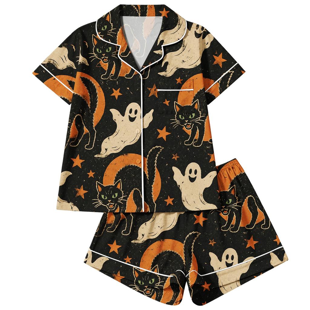 Damen 2-teiliges Pyjama-Set mit kurzärmeligem Knopfleisten-Oberteil und Shorts, weiche bequeme Nachtwäsche für Feiertage und Freizeit