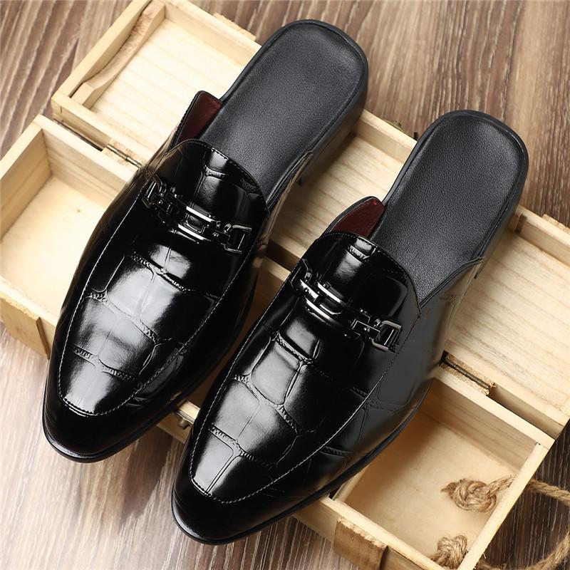 New Men's Black Grey Brown Crocodile Pattern Leather Half Slippers Shoes Male Casual Mules Moccasins Breathable Loafers