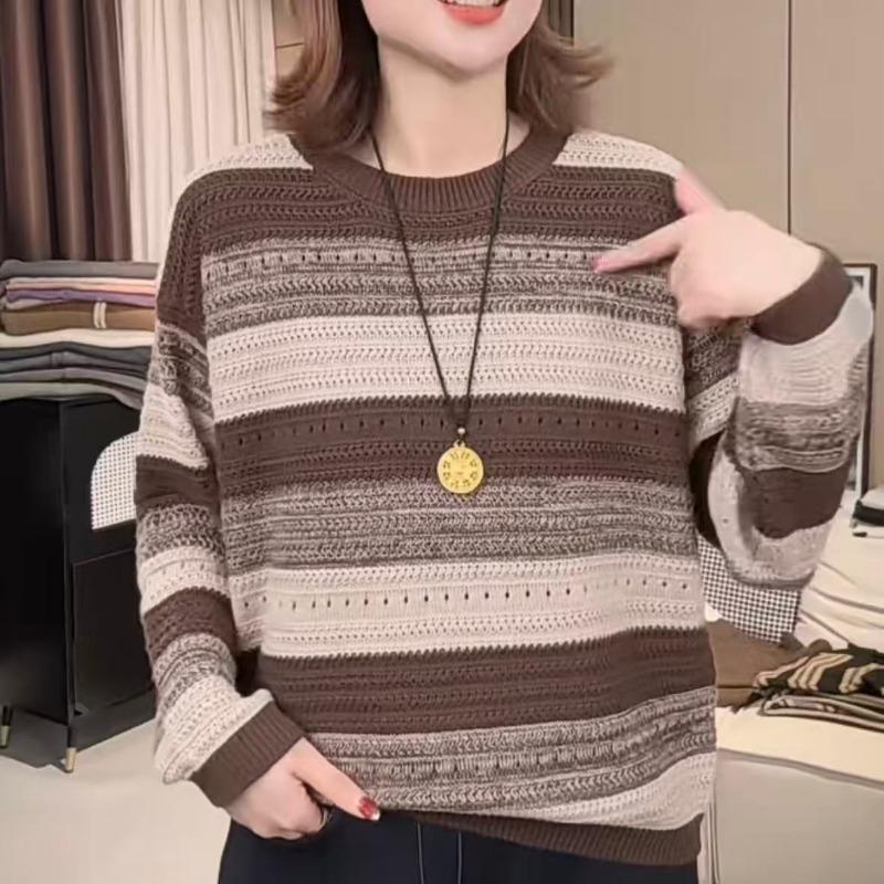Round Neck Striped Sweater Women's Long-sleeved Autumn Clothing New Style Fashionable Loose Lazy Style Top Retro Pullover