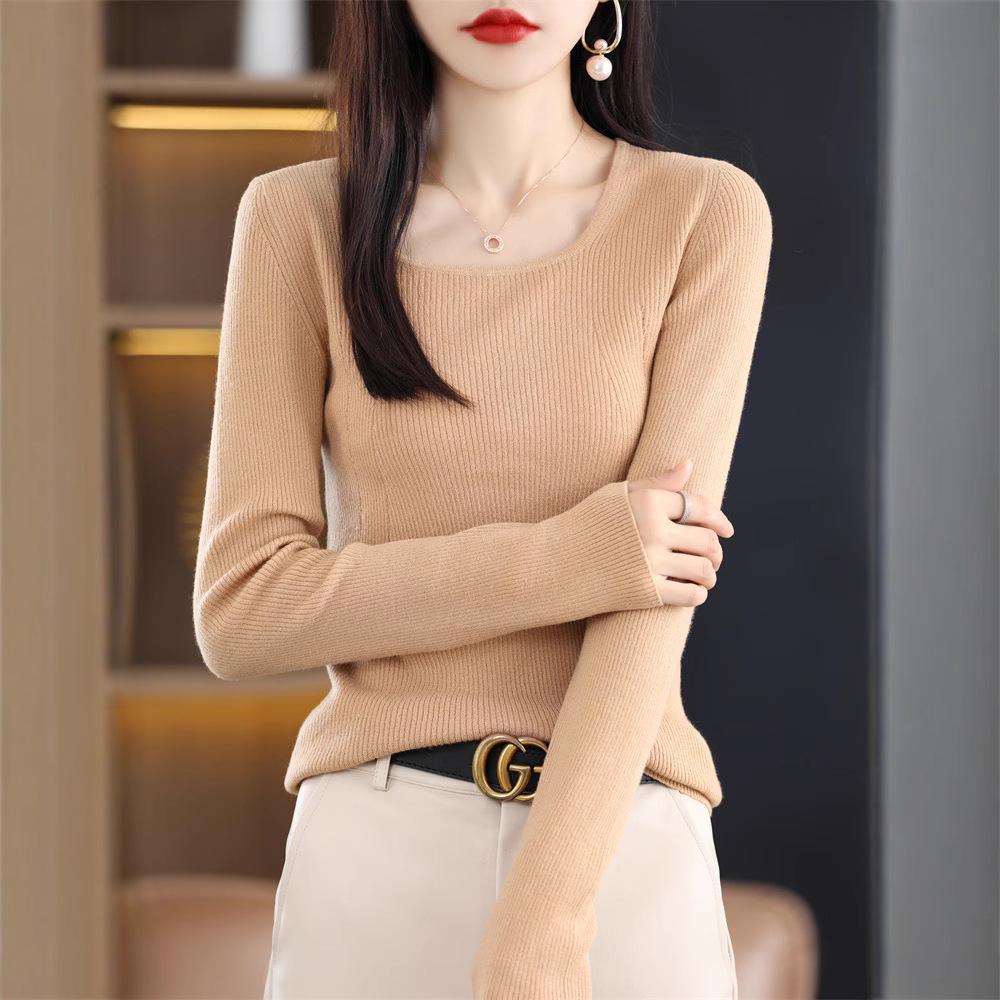 2025 Slim Fit Women's Square Neck 100% Wool Sweater - Thin U-neck Base Layer Top