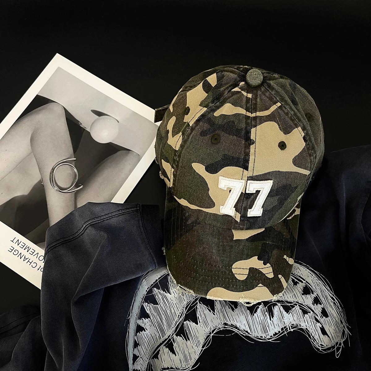 American Camouflage No. 77 Patch Letter Embroidered Baseball Cap Women Spring Autumn Summer Outdoor Sports Peaked Cap Men