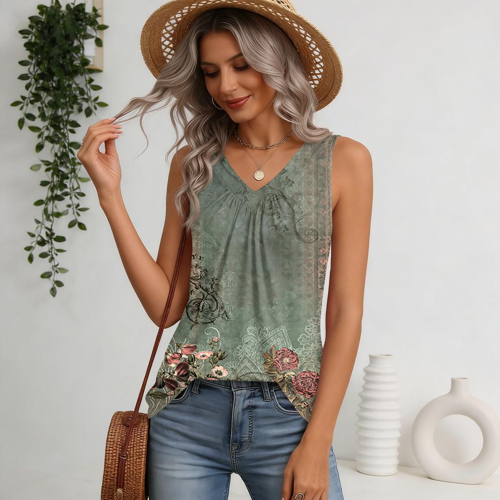 Damskie Top bez rękawów Luźne Top z dekoltem V Plisowane Koszulki Podstawowe T-shirty