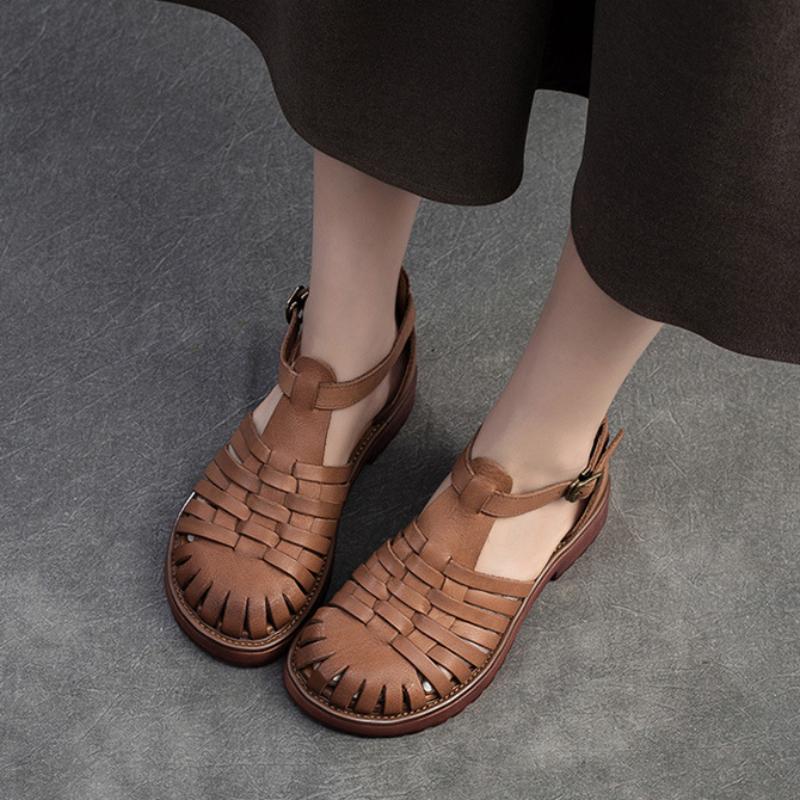 Johnature Pantofi de damă din piele naturală în stil roman retro, cu țesut, respirabil