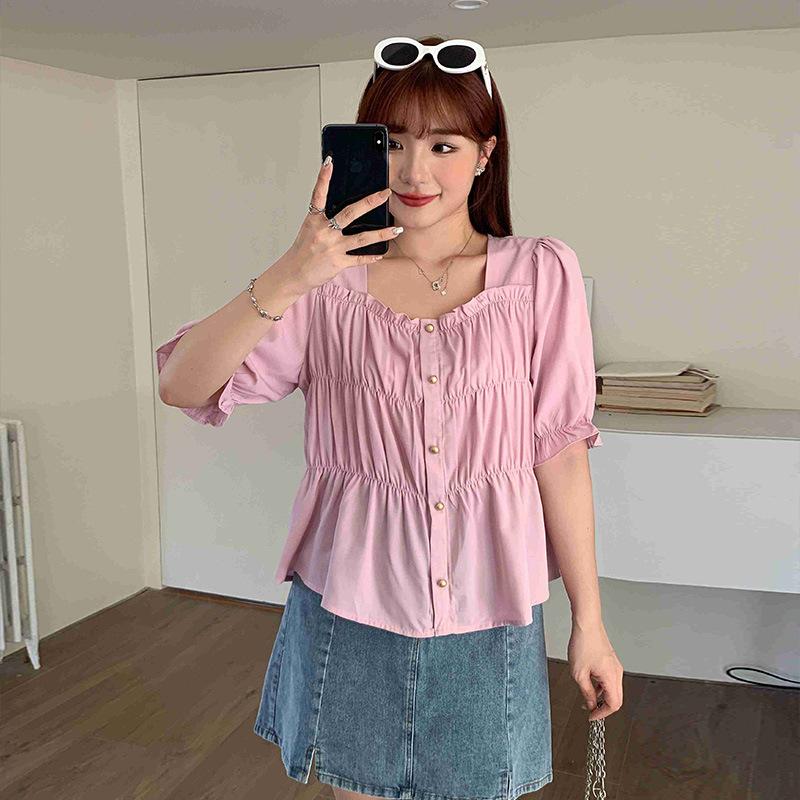 Plus Size Women Short Sleeve Square Neck Solid Color Shirt Summer Fashion Slim Fit Blouse