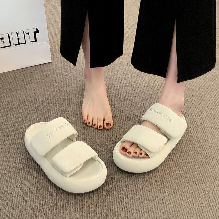 Thick-bottomed Heightening One-word Slippers for Women's 2025 Summer New Fashionable Outer Wear Non-slip and Shit-stepping Velcro Cool Slippers