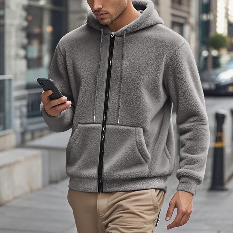 Men's American Style Double-Sided Fleece Hooded Jacket - Autumn/Winter, Zipper, Loose Fit, Casual Sweatshirt.