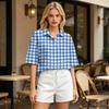 Women Casual Polo Shirt Loose Fit Short Sleeve Button Down Collar Checkered Pattern Lightweight Top for Daily Wear