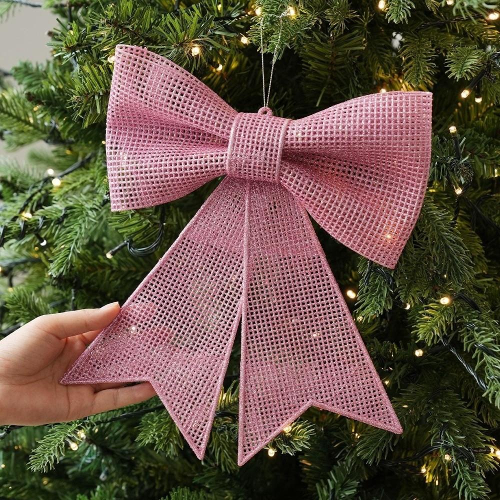 Plastic Christmas Bow Ornament Burlap Textured Matte Finish Xmas Tree Hanging Pendant Bow Shaped Hanging String