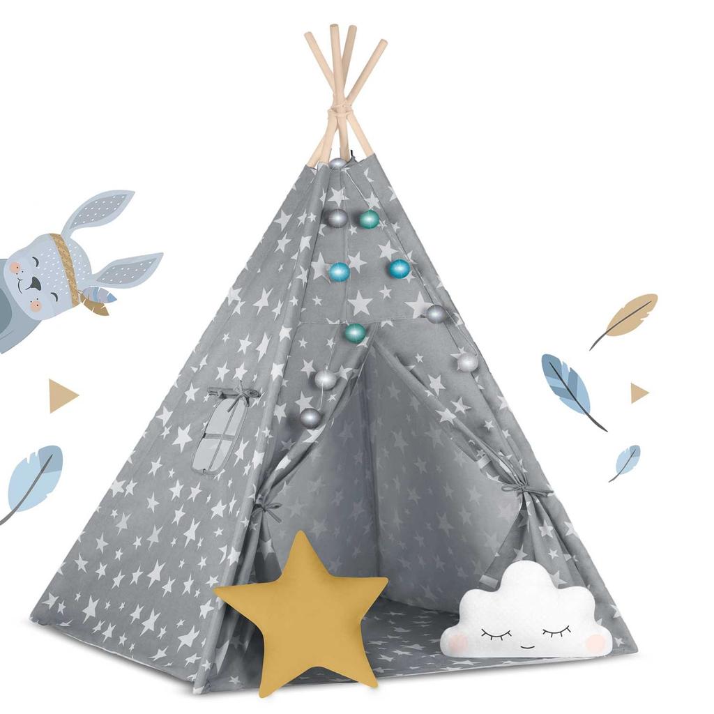 Nukido Children's Teepee Tent With Lights - Gray With Stars
