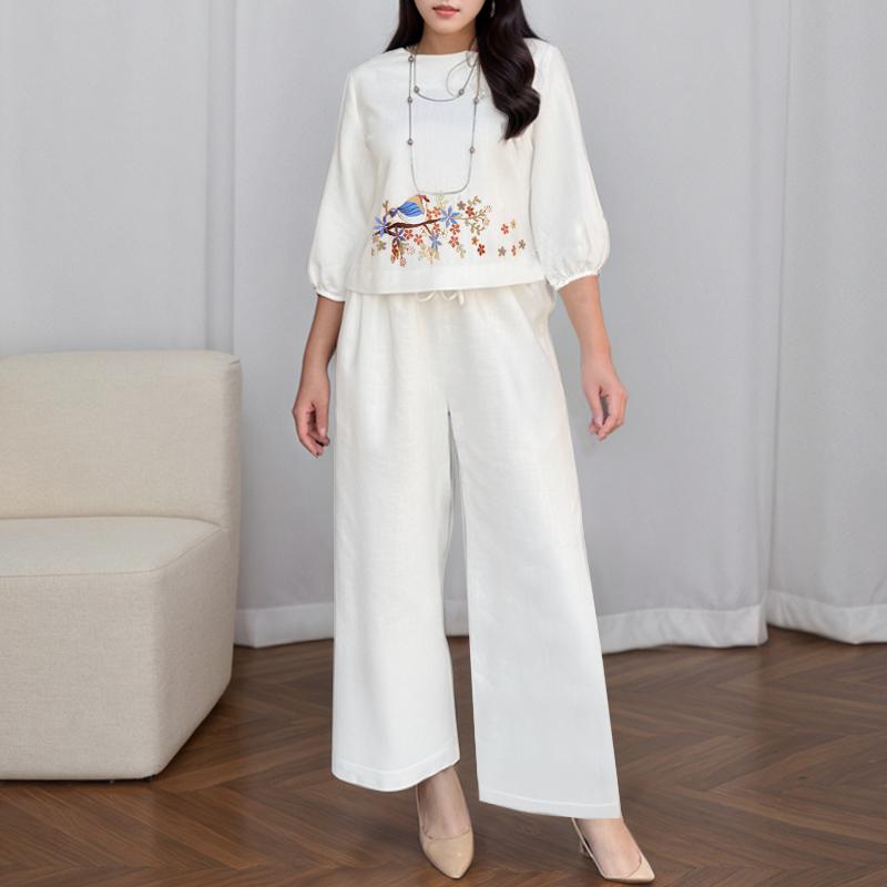 

ZANZEA Женский повседневный костюм-двойка: блузка с рукавом 3/4 и принтом и брюки L белый