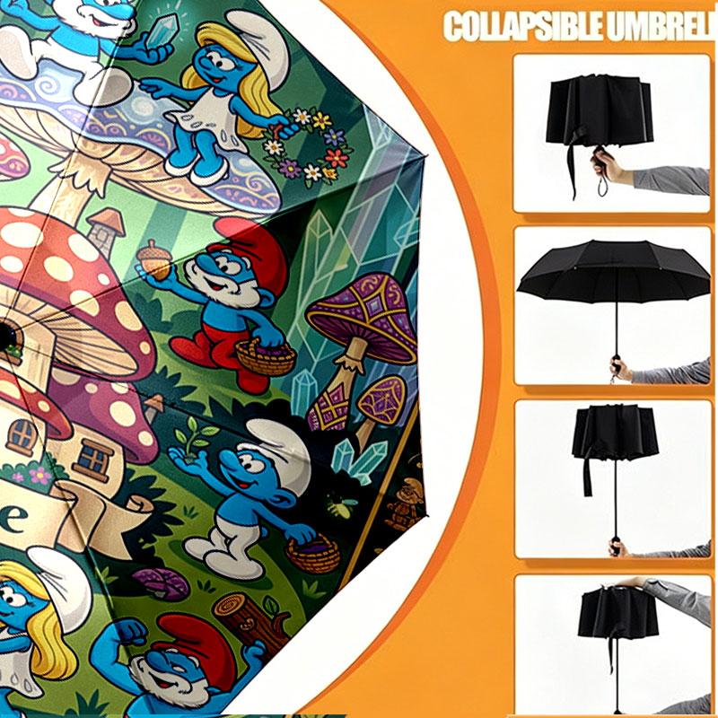 Custom Name Personalized The Smurfs Print Umbrella, Auto Open Close, 8‑Rib Sturdy Frame, Commute Camping Hiking Use, Birthday Gift