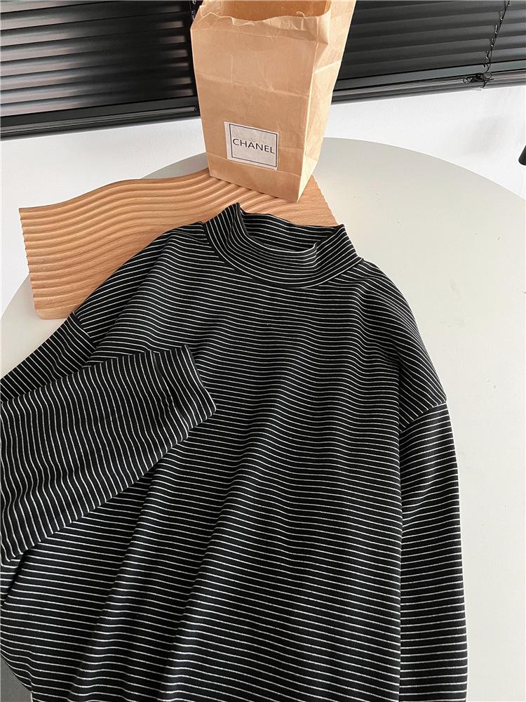 

Женская полосатая базовая футболка с полувысоким воротником и утолщенным материалом для осени/зимы - трендовый топ с длинным рукавом XL чёрный