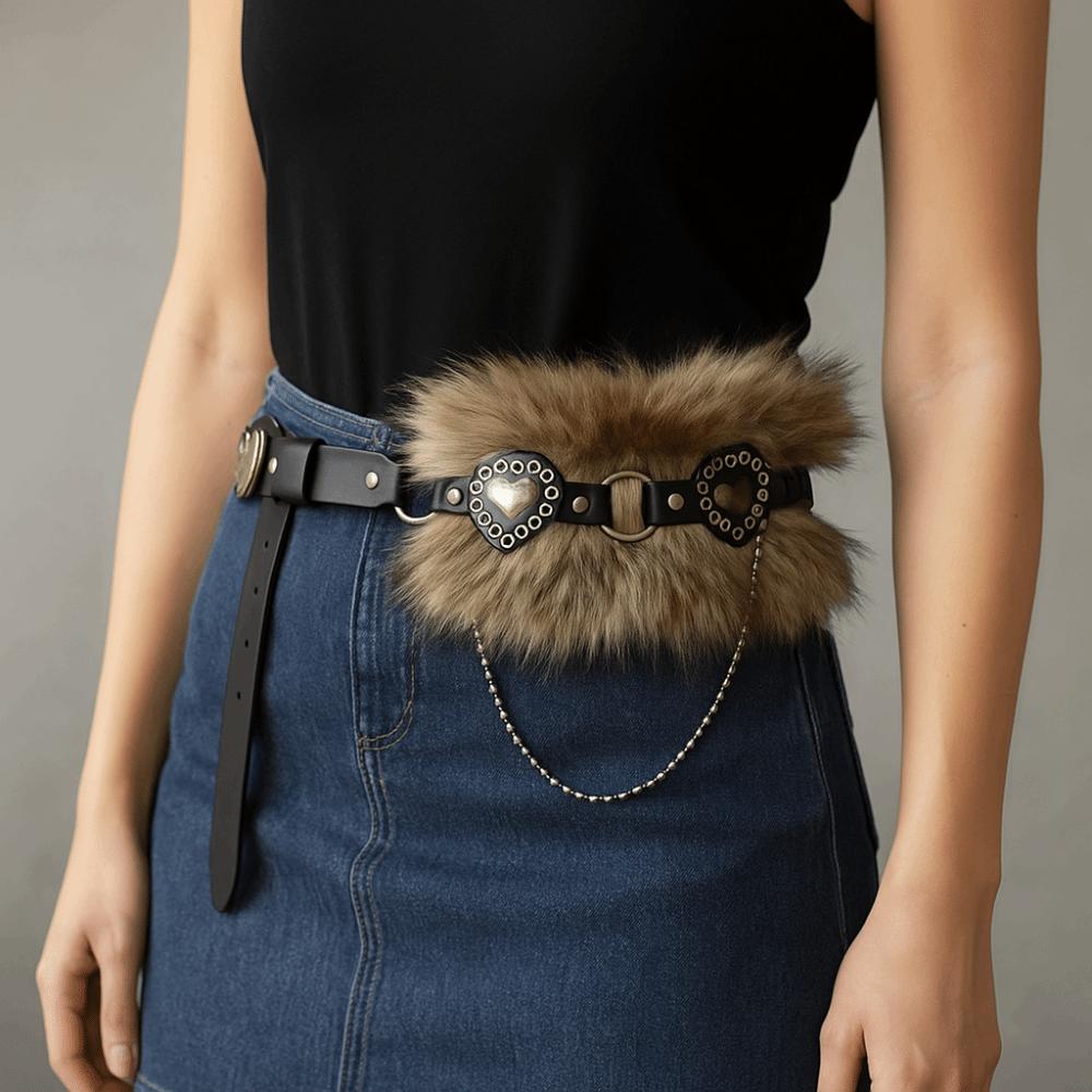 Faux Fur Leather Fur Belt Patchwork Heart Plush Belt Simple Furry Waistband  Female/Girls