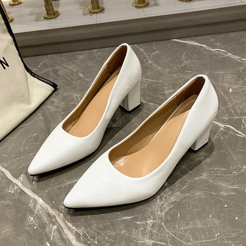 Summer New High Heels Women's Elegant Pointed Patent Leather Single Shoes Black Thick Heel High-end Empty Work Shoes