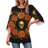 Women's Halloween Printed Casual Loose Fit Top with Round Neck and Three-Quarter Sleeves