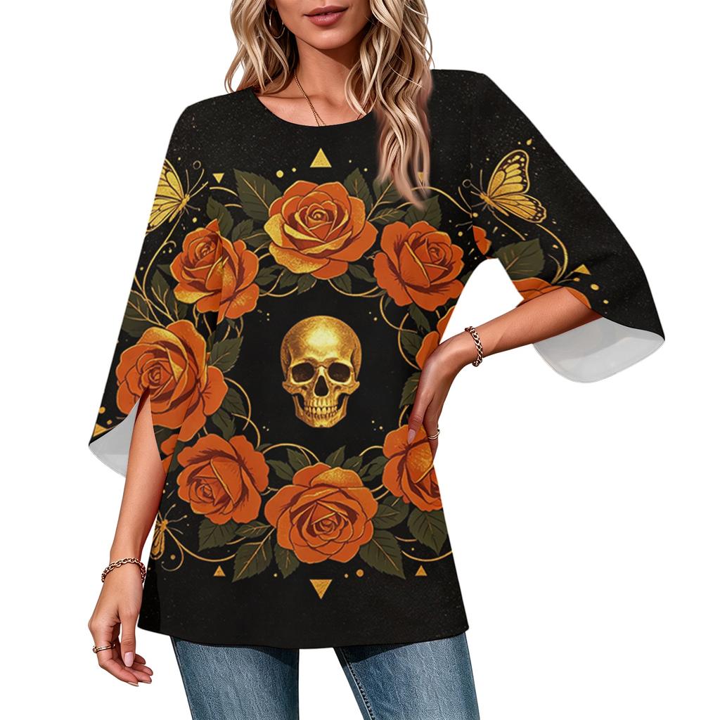 Women's Halloween Printed Casual Loose Fit Top with Round Neck and Three-Quarter Sleeves