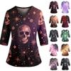 Women's Casual Uniform Top with Halloween Print, V-Neck, Three-Quarter Sleeves, Pockets, Side Slit