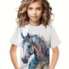 Girls Fashionable 3d Horse Graphic Tee Comfortable Crew Neck Children Girl Short Sleeve Tops Summer Outdoor Kids Clothes