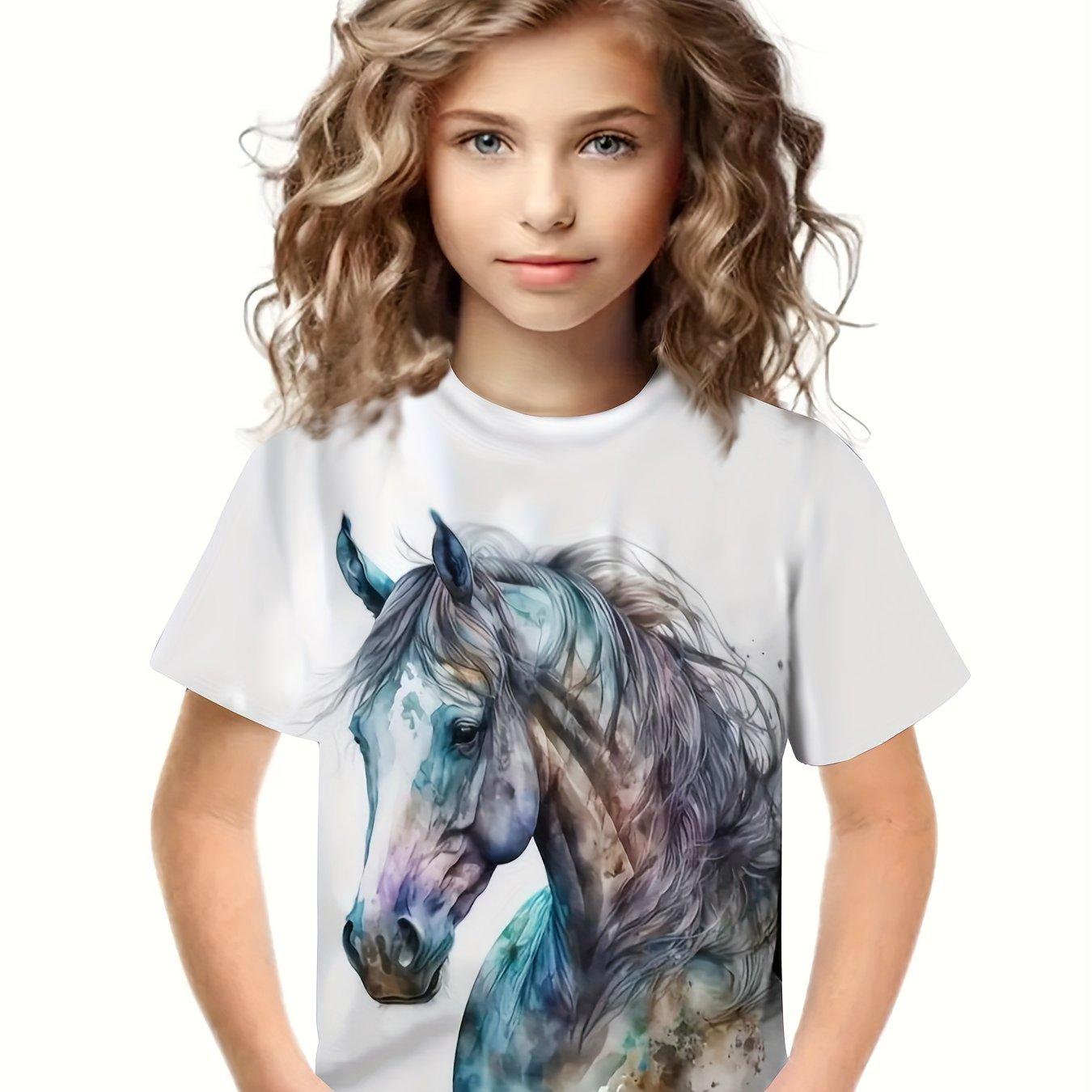 

Модная футболка с рисунком лошади в 3D для девочек, удобная детская одежда с коротким рукавом и круглым вырезом для девочек, летняя детская одежда для отдыха на природе 150CM