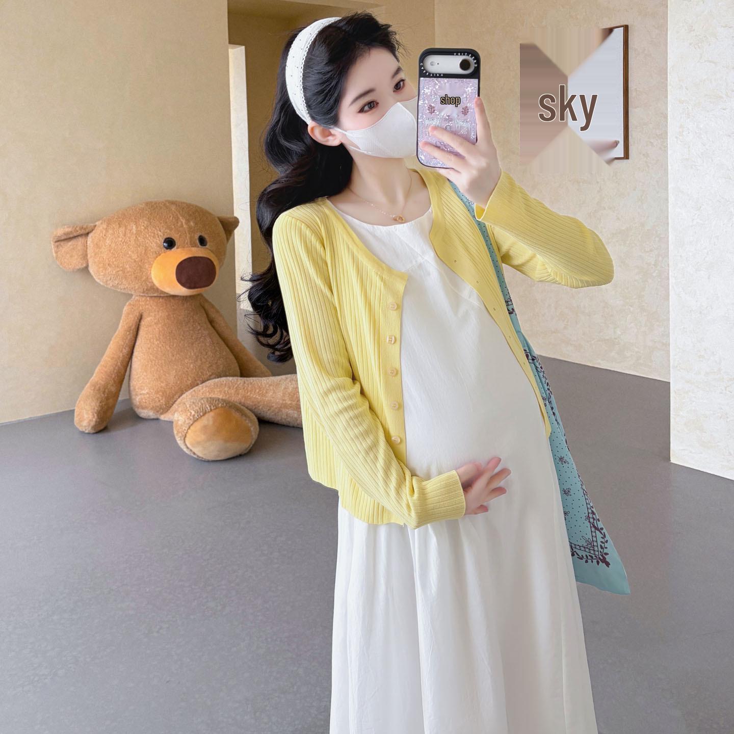 2026 Spring/Summer Maternity Two-Piece Set: Stylish Long-Sleeve Cardigan & Loose-Fit Belly Covering Vest Dress 2XL