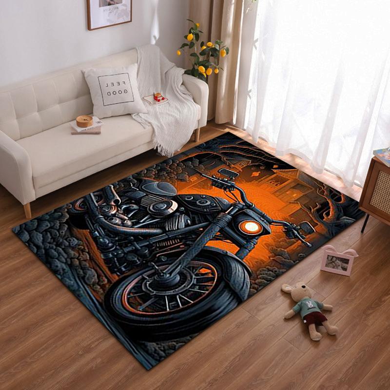 "Motorcycle Design Rug with Fiery Orange Background for Home Decor" Suitable for use as an anti-slip for living room bedroom sofas