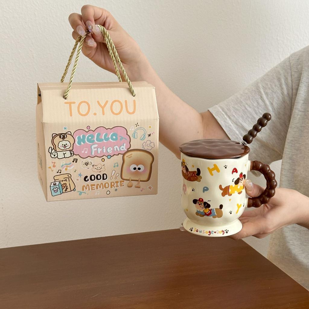 Cute Dachshund Dog Goblet Household Drinking Water Mug with Lid Spoon Office Ceramic Breakfast Coffee Milk Cup