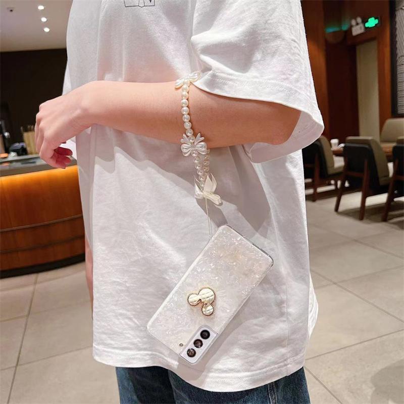 Cute Cartoon Bear Translucent Shell Case For Samsung Z Flip3 4 S23 S22 Ultra S21 S20 A14 A24 A54 A13 A23 A33 A53 A32 A52 With Bow Pearl Lanyard