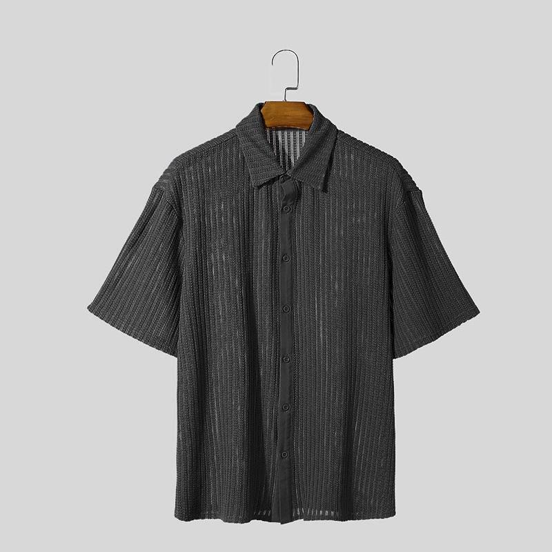 

INCERUN Men Lapel Neck Short Sleeve Hollow Out Texture Casual Shirts XL чёрный
