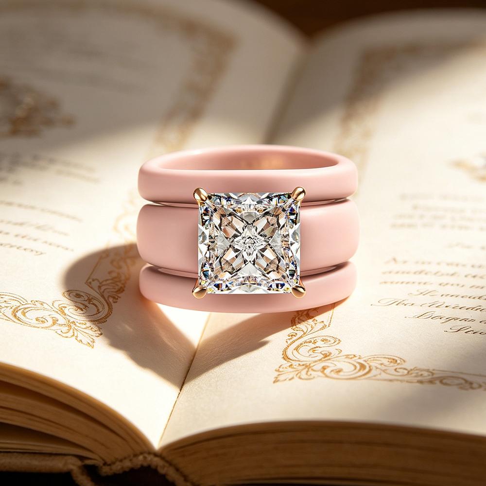 Prinzessschliff Zirkonia Ring mit 3-lagigem rosa Keramikband, Moderner klobiger Roségold-beschichteter Statement-Ring, Brautversprechen J