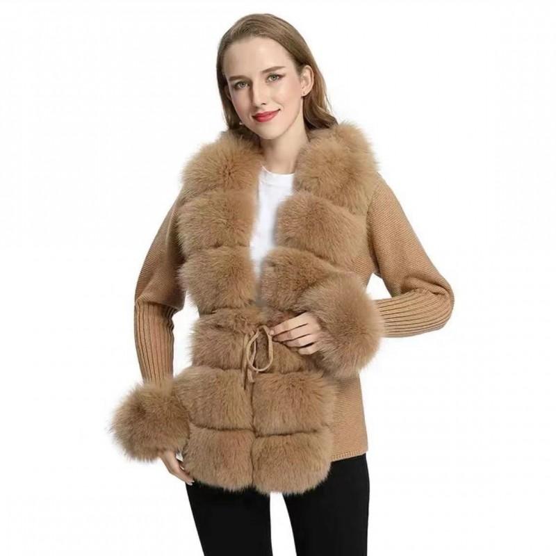 Damen Strickjacke mit Kunstfuchsfellkragen Kurzer Warmer Wollmischungs Pullover Büro Chic