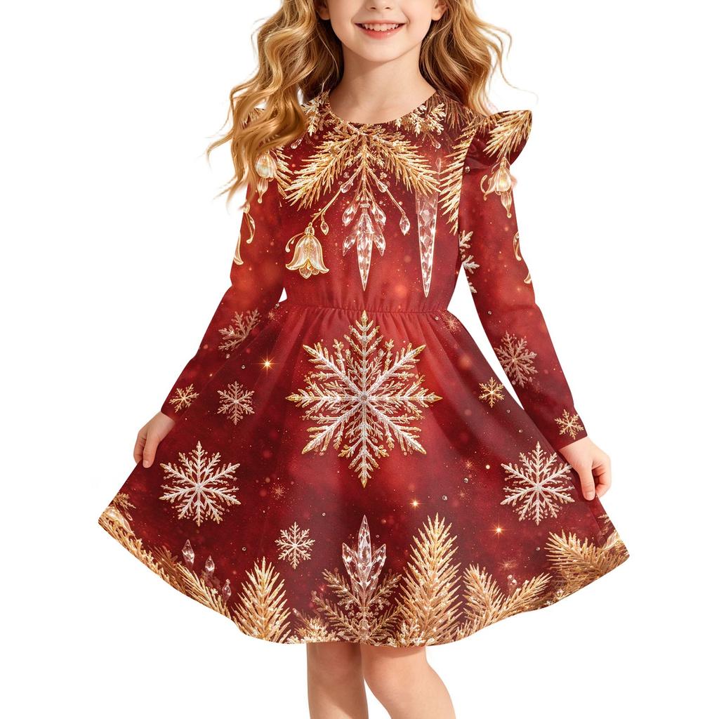 Girls' Christmas Print Long Sleeve Dress with Sleeves for Holiday Party