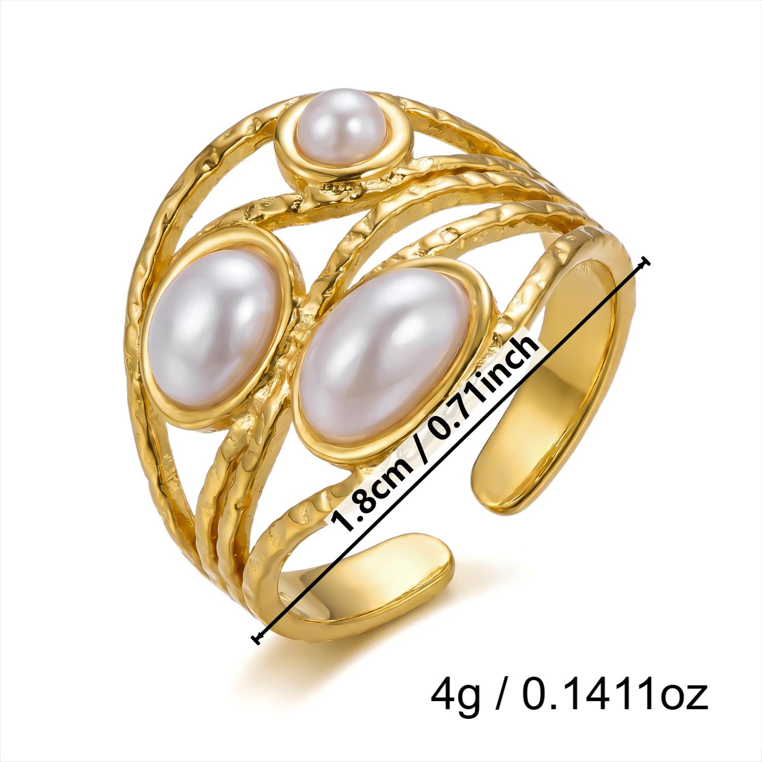 French Vintage Elegant Pearl Ring for Women Stainless Steel Gold Hollow Wire Wrapped Multi Band Chunky Statement Jewelry