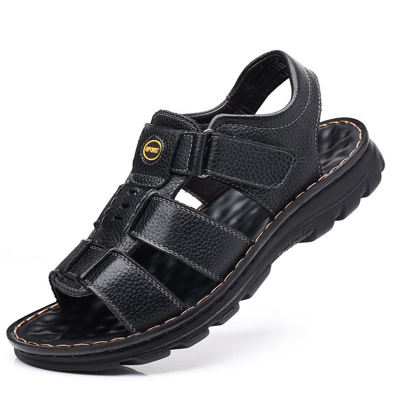 Fashion Summer Designer Men Genuine Leather Sandals Hook & Loop Outside Men Cow Leather Slippers Soft-soled Male Casual Sandals No Slip
