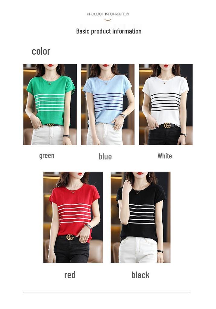 Women's Spring 2024 Cotton Striped Knitwear T-Shirt - Short Sleeve, Round Neck