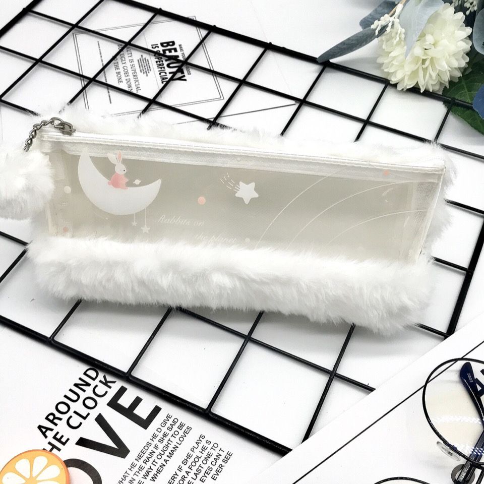 Minimalist Spliced Semi-transparent Pencil Case for Girls Rabbit Japanese-style Cute and Fashionable First-grade Fluffy Portable Stationery Storage