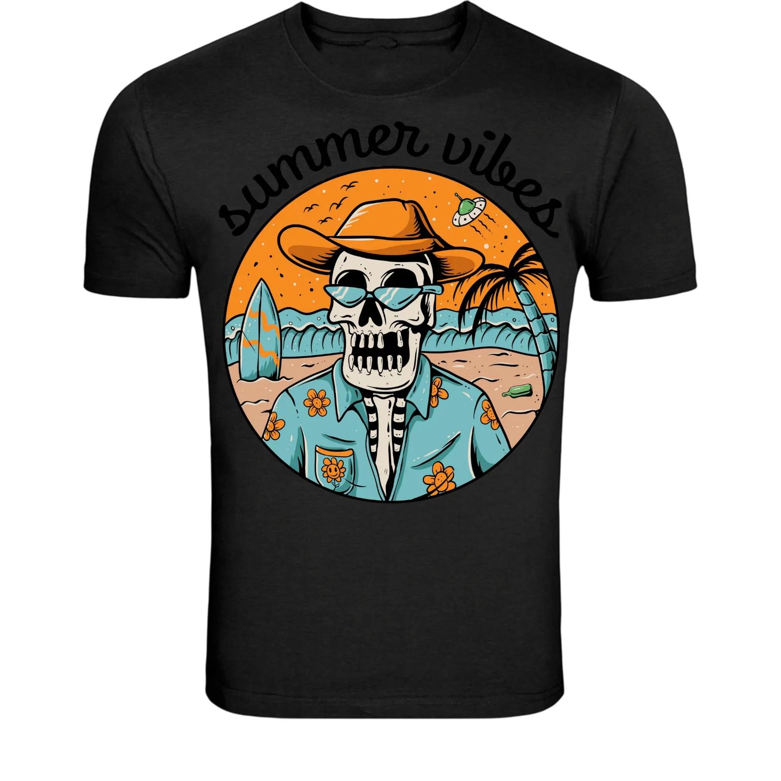 Summer Vibes Skeleton Beach T-Shirt - Retro Skull Vacation S